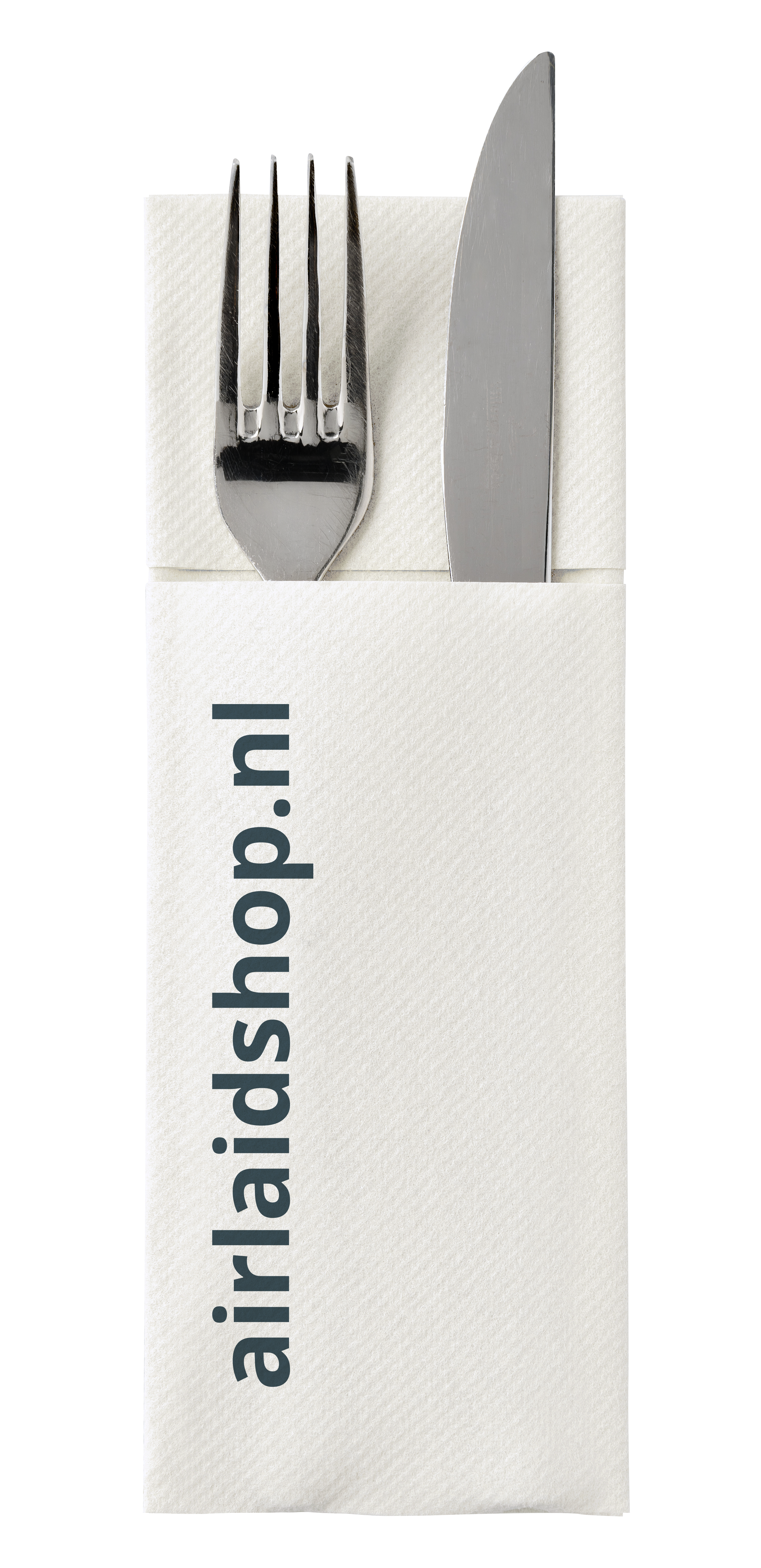 Airlaid Bestekservet 40x30 cm. wit. 1 kleur bedrukt. Bestekzakje en servet in één. Prijzen per doos van 500 stuks. Bij 24 dozen: 6 cent per stuk.