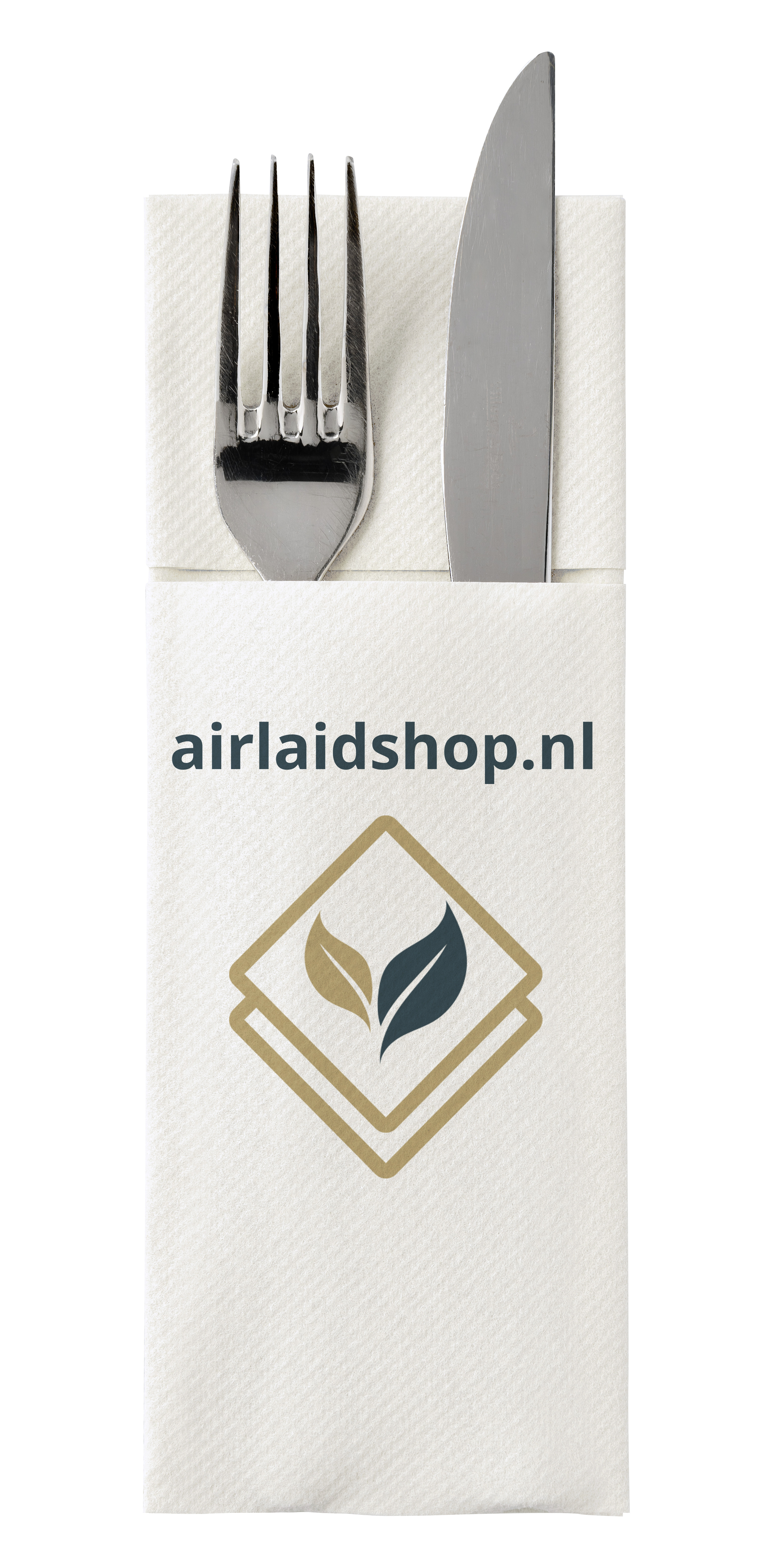 Airlaid Bestekservet 40x30 cm. wit. 2 kleuren bedrukt. Bestekzakje en servet in één. Prijzen per doos van 500 stuks. Bij 24 dozen: 7 cent per stuk.