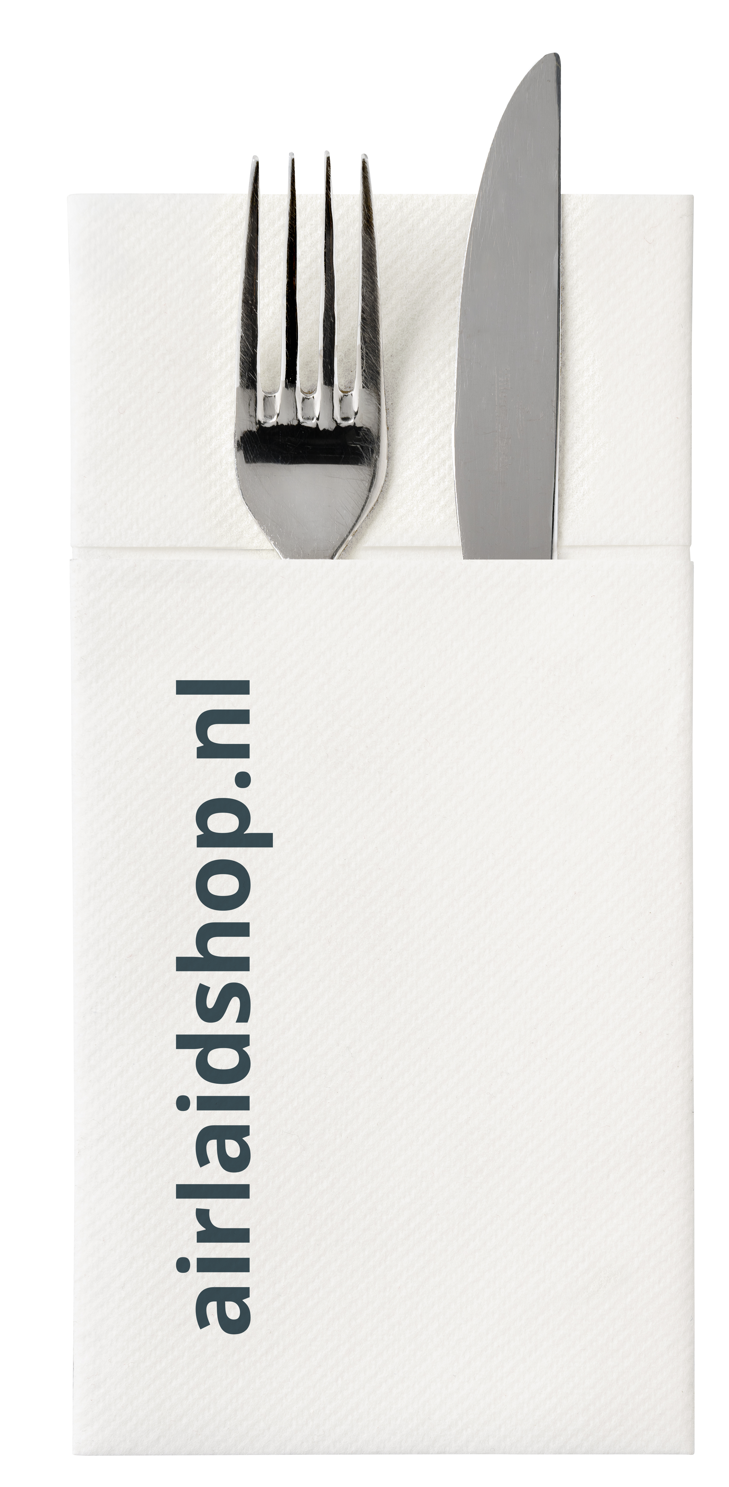 Airlaid Bestekservet 40x40 cm. wit. 1 kleur bedrukt. Bestekzakje en servet in één. Prijzen per doos van 400 stuks. Bij 24 dozen: 7 cent per stuk.