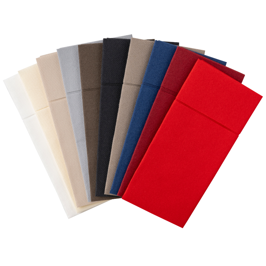 Airlaid Bestekservet 40x40 cm. grijs, bestekzakje en servet in één. Prijzen per doos van 400 stuks. Bij 24 dozen: 10 cent per stuk.